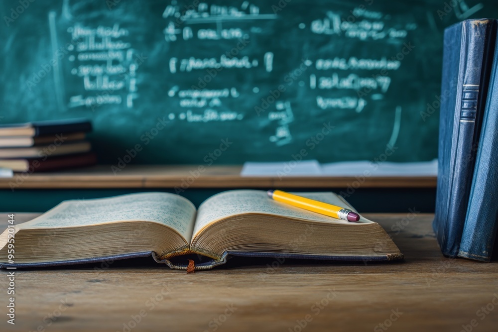 Poster open book with a yellow pencil lying on a wooden table in front of a green chalkboard with math equa