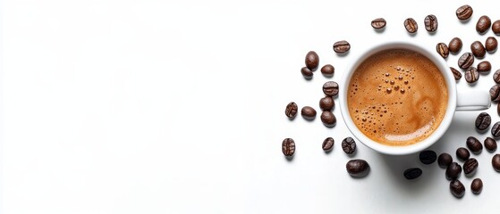 A cup of coffee with coffee beans scattered around it on a white background.