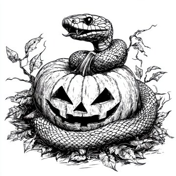 recommend clip art: Black and white Vintage engraved art of a snake coiled around a Jack o' lantern, isolated on white background, ink sketch illustration, simple vector art design, highly detailed line art
