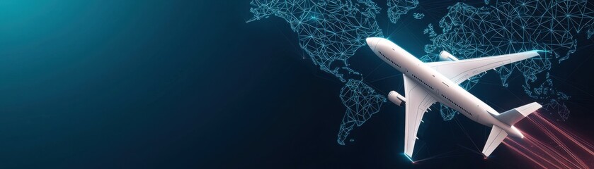 Fototapeta premium A sleek airplane flying over a digital world map, symbolizing international travel and global connectivity in a modern design.