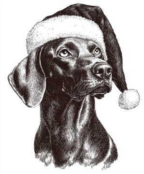 recommend clip art: Black and white Vintage engraved art of a Weimaraner wearing a Christmas Santa hat, isolated on white background, ink sketch illustration, simple vector art design, highly detailed line art
