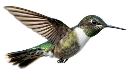 Naklejka premium Green hummingbird flying with spread wings with a transparent background.