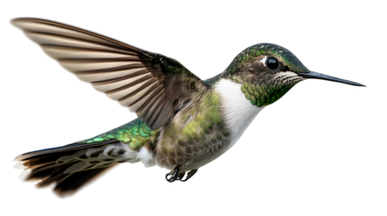 Green hummingbird flying with spread wings with a transparent background.