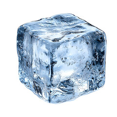 A single, clear ice cube with a frosted surface and a slight blue tint, isolated against a transparent background.