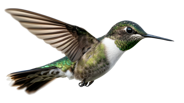 Green hummingbird flying with spread wings with a transparent background. - Powered by Adobe