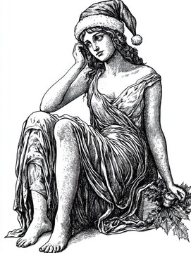 recommend clip art: Black and white Vintage engraved art of Aphrodite with a Christmas Santa hat, isolated on white background, ink sketch illustration, simple vector art design, highly detailed line art