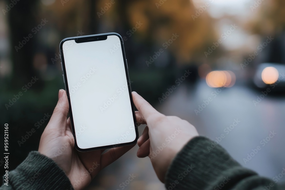 Poster hands holding a smartphone with a white screen in front of a blurry background.