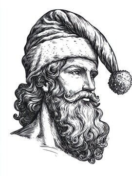 recommend clip art: Black and white Vintage engraved art of Hermes wearing a Christmas Santa hat, isolated on white background, ink sketch illustration, simple vector art design, highly detailed line art, high contrast