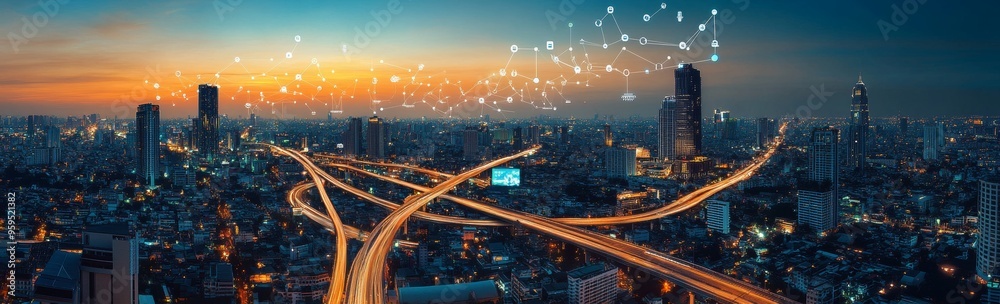 Poster aerial view of a city skyline at sunset with a network of connected icons representing technology, i