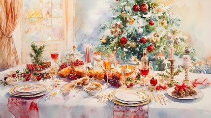 Beautifully Crafted Watercolor Painting Depicting a Meticulously Set Table for a Festive New Year s Elegant Dinnerware Candles and Thoughtful Decorative Elements