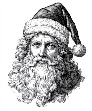 recommend clip art: Black and white Vintage engraved art of Zeus with a Christmas Santa hat, isolated on white background, ink sketch illustration, simple vector art design, highly detailed line art, high contrasty 