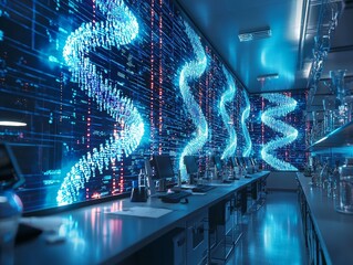 High-resolution holograms of DNA sequences floating above lab desks in a modern biotechnology facility