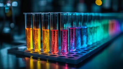 Biotechnology lab featuring multi-colored glowing liquids in test tubes, representing advanced gene therapy research