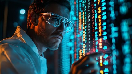 Scientist in a high-tech biotech lab analyzing DNA sequences on a holographic display, futuristic setup