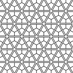 Seamless geometric pattern with hexagonal and triangular shapes consisting of intertwined lines on a white background. Suitable for various creative projects or decorative elements.