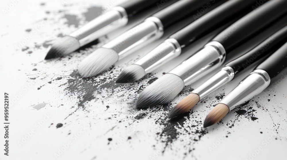 Wall mural makeup brushes on a white surface with black pigment