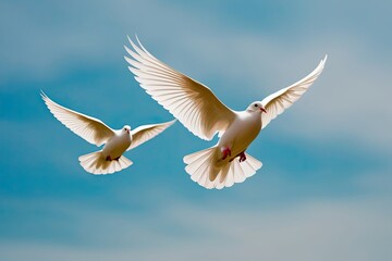 Fototapeta premium Elegant Doves Soaring Against a Calm Blue Sky