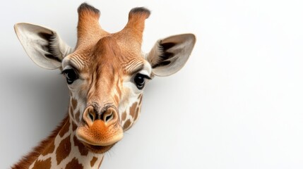 Curious Giraffe Portrait: A majestic giraffe peers inquisitively at the camera against a clean white backdrop. Its gentle eyes and patterned coat are captivating in this close-up encounter. 