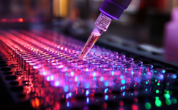 Close-up of a gene editing tool, such as CRISPR, in use by a researcher in a high-tech lab