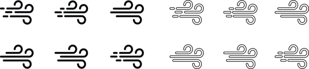 Set of Wind icons fresh vectors cloud air. Blowing wind flat, line icons for apps and website designs. Premium Quality wind motion, air blow, swirl Designs Elements isolated on transparent background.