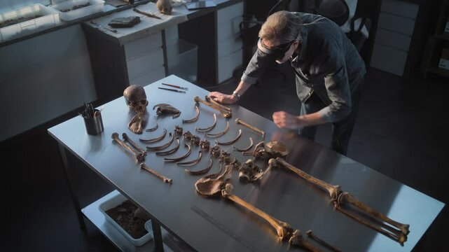 Archaeological laboratory: High angle of mature archaeologist in AR headset studying remains of prehistoric human skeleton. Scientist conducts historical research using virtual reality technology.
