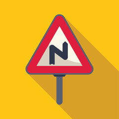 Red triangle road sign indicating double bend to the right, casting a shadow on a yellow background