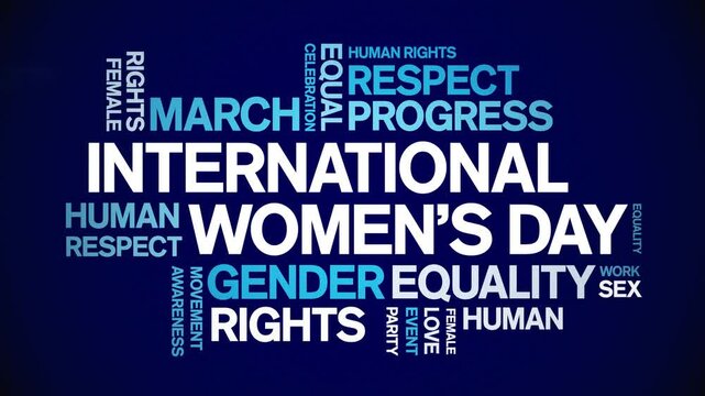 international Women's Day animated word cloud;text design animation tag kinetic typography seamless loop.