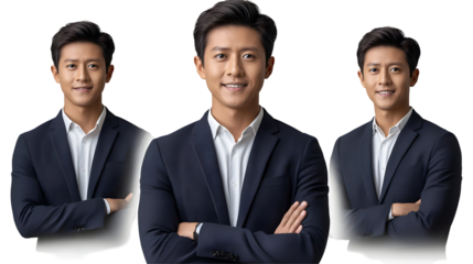 Smiling Man in a Blue Suit with Arms Crossed, Isolated on a Transparent Background, PNG