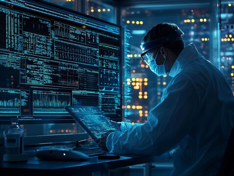 Scientist in a futuristic biotech lab analyzing bioinformatics data on a holographic display