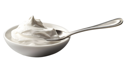 Whipped Cream in White Bowl with Silver Spoon Isolated on Transparent Background