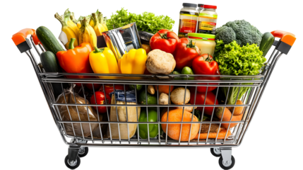 Full Shopping Cart with Fresh Produce, Vegetables, and Groceries Isolated on Transparent Background