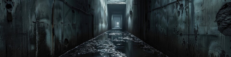 Obraz premium Dimly Lit Flooded Passageway in an Aged Underground Military Facility