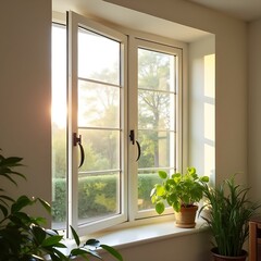 Opened glass window with plants on window bay in a house, interior home design concept © Jittiwan