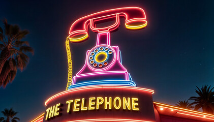 a neon sign of a telephone that reads Telephone