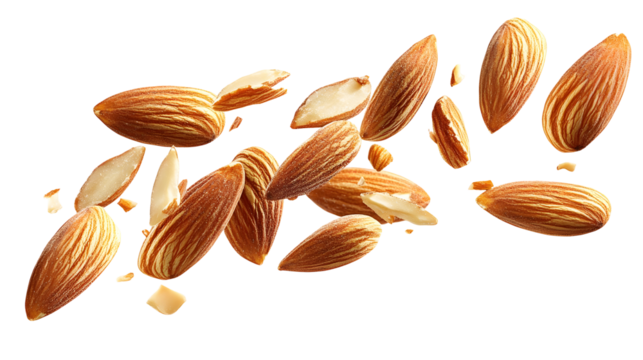 Falling Almonds and Almond Pieces in Motion Isolated on a Transparent Background