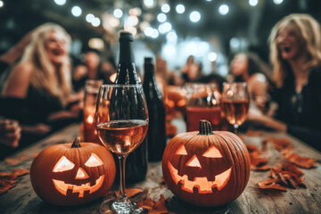 People gathered around a party table celebrating halloween with drinks and pumpkins