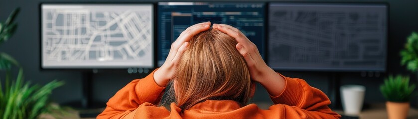 Naklejka premium A stressed individual with a computer headache, facing dual monitors in a modern workspace filled with greenery.