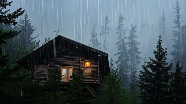 A cabin looms in the woods, rain pouring down at dusk.