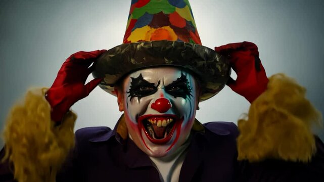 Creepy clown with painted face removes his hat and grins.
