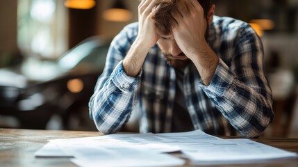 Man overwhelmed by paperwork at desk.