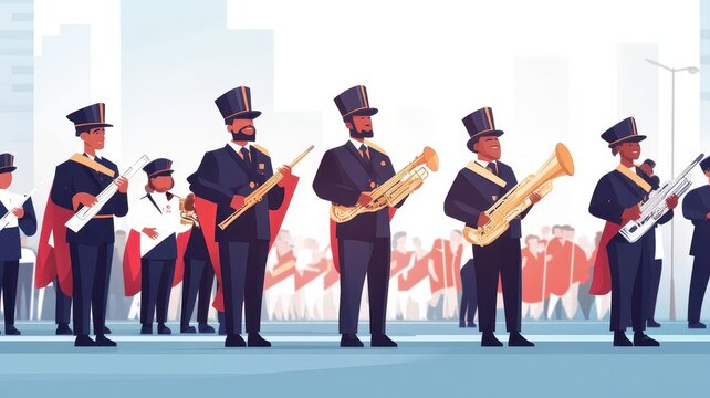 Labor Day morning parade, marching bands, flat design illustration