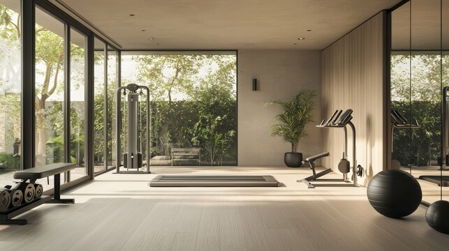 A home gym with minimalist design, exercise equipment, and large mirrors, copy space