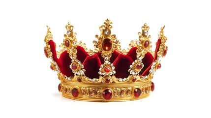 Fototapeta premium Luxurious red velvet crown with gold edging and gemstones on top, isolated on white background, representing royalty, power, and elegance in a detailed close-up view, perfect for regal and prestigious