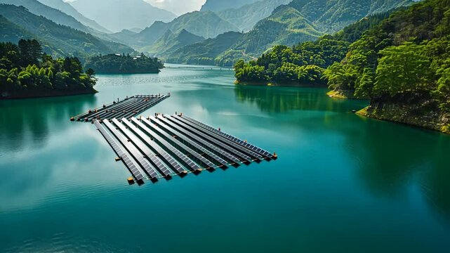 Floating Solar Panels on Mountain Lake: A breathtaking aerial view of a pristine mountain lake with a large floating solar panel array, showcasing a sustainable energy solution in a picturesque natura