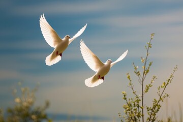 Obraz premium Gentle Doves Soaring Gracefully Against a Tranquil Background