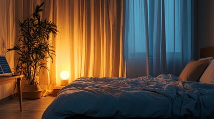 A minimalist bedroom with solar-powered nightlights and energy-saving curtains, showcasing eco-friendly living