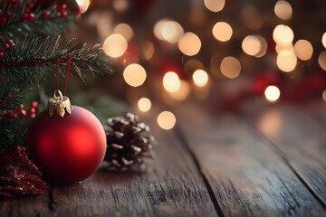 Obraz premium Red Christmas ornament hanging on a pine tree branch with glowing lights. Generative AI