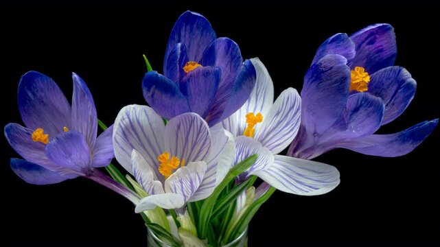 Beautiful bouquet of blue crocus and snowdrops blooming on black background. The first spring flowers. Holiday bouquet. Birthday, Easter backdrop