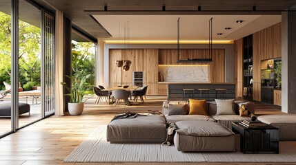 A modern open-plan living space with a mix of textures, including wood, metal, and fabric