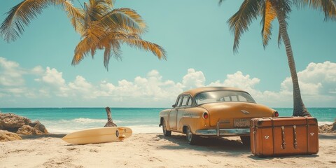 Obraz premium A vintage car, surfboard and luggage on a sandy beach with palm trees and blue sky.